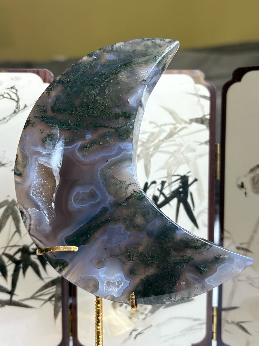 Moss agate crystal moon carving